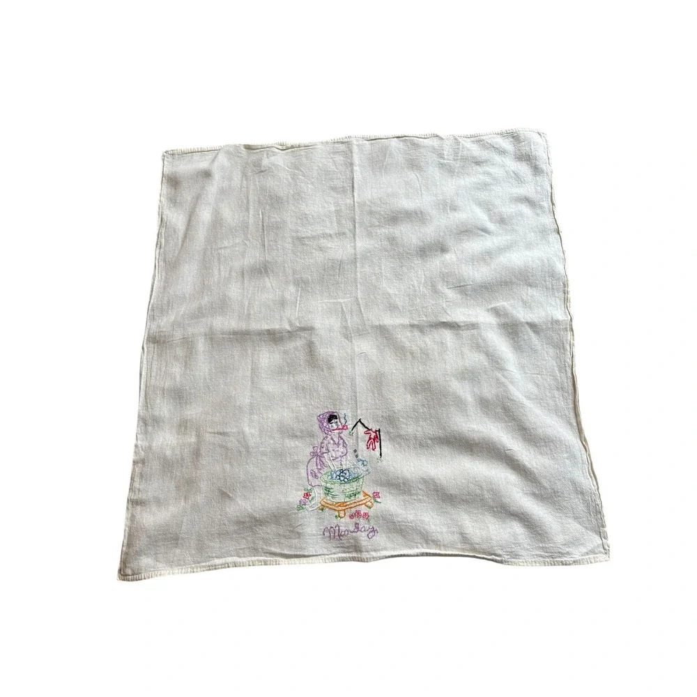 Vintage Hand Embroidered Monday Wash Day‎ Towel Sunbonnet Lady Cotton Linen